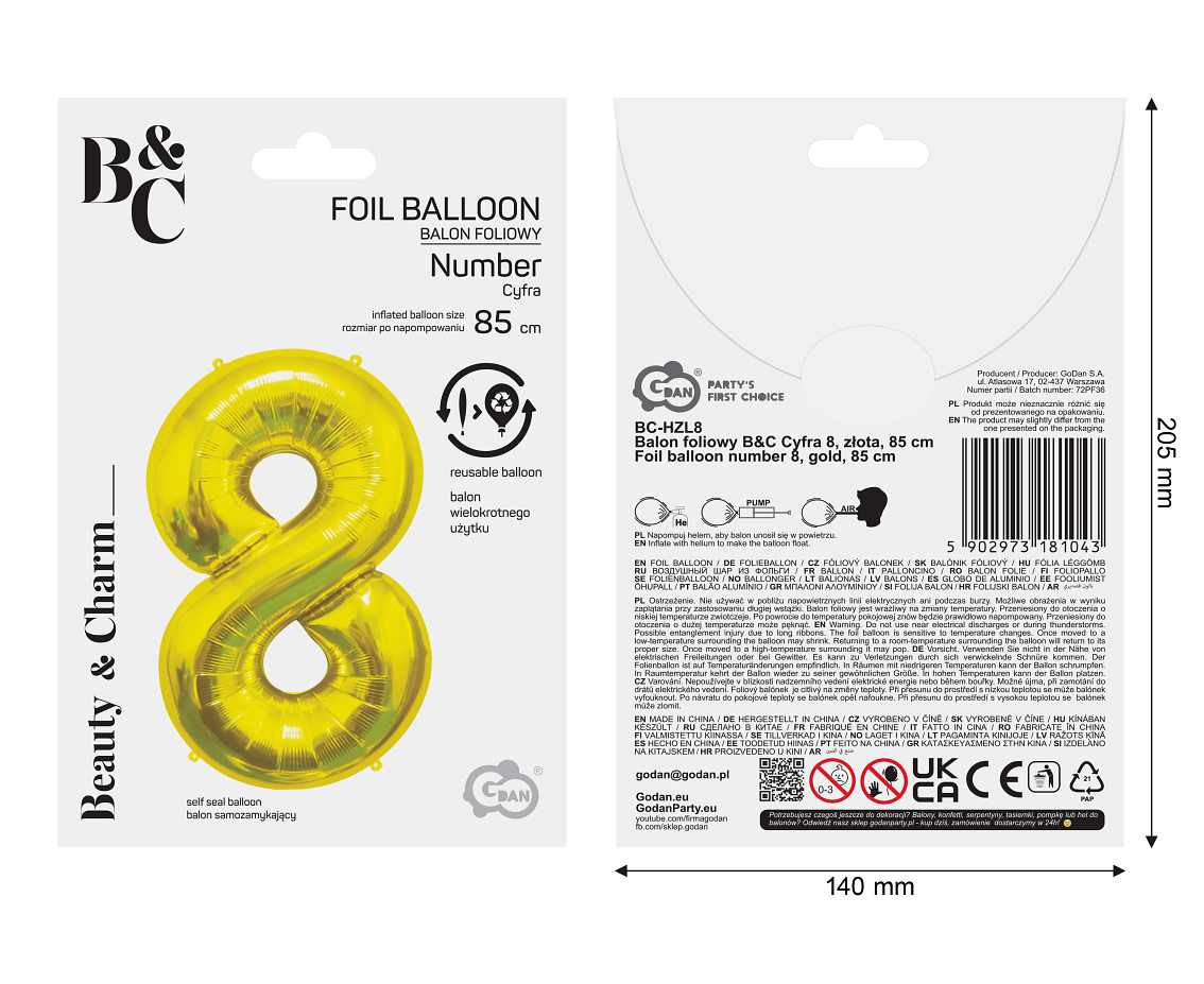 Foil Balloon B&C Number 8, Gold, 85 cm